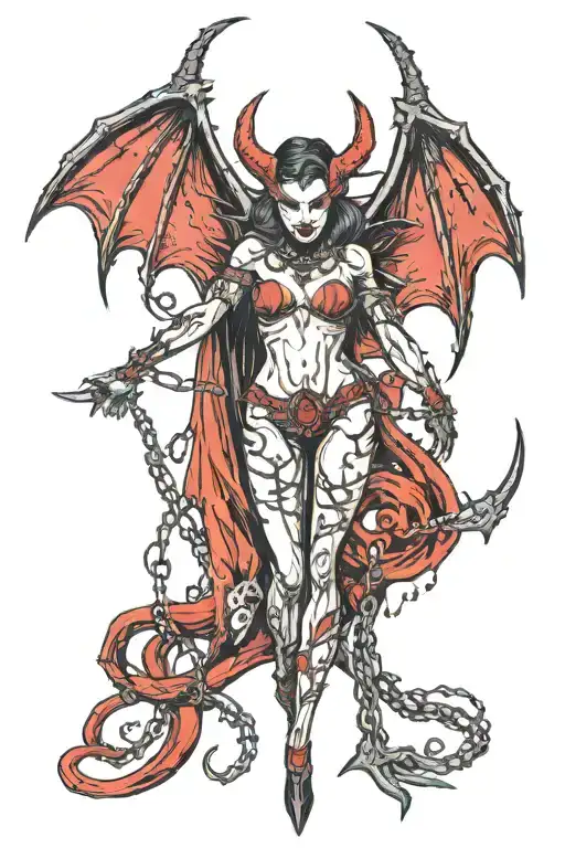 devil female, full body view, horns, thorns, chains, detailed face, detailed red eyes, bat wings on females back tattoo design idea