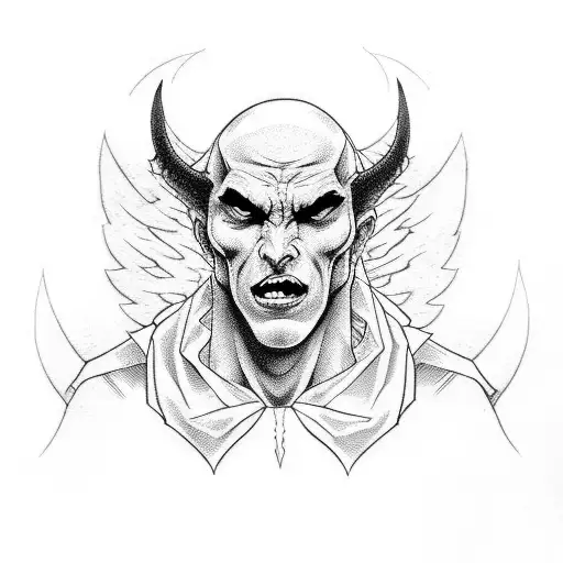 A devil giving his son to an angel for good upbringing with angry face expressions tattoo design idea