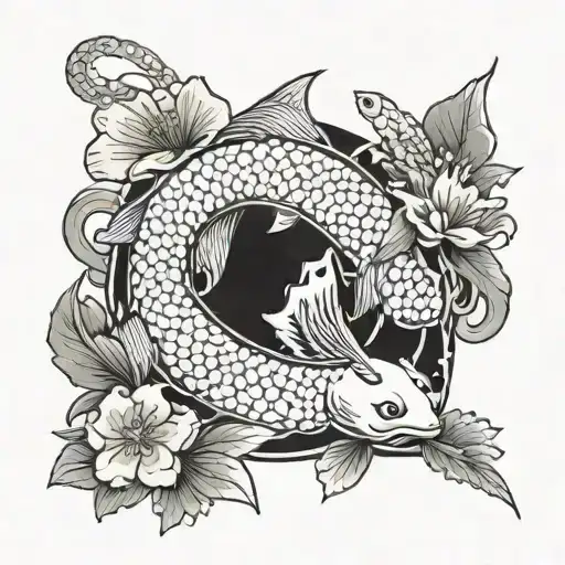 Combine elements from One Piece with traditional Japanese motifs like cherry blossoms and koi fish tattoo design idea