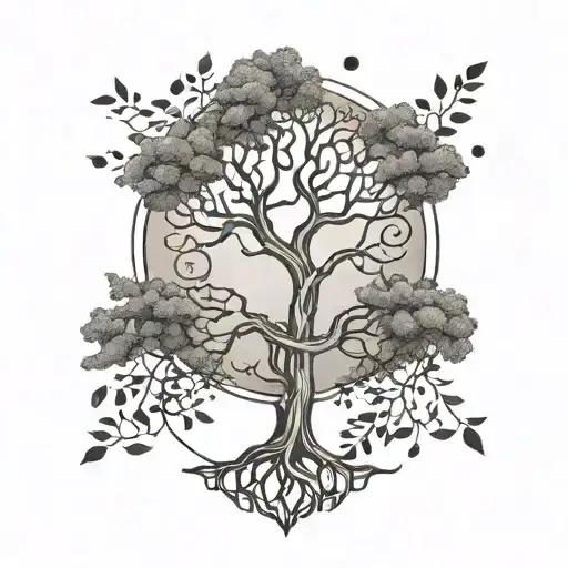 A minimalist tattoo design of a tree of life symbolizing growth and healing, with DNA strands intertwining around it, representing the interconnectedness of life and the journey towards self-improvement. tattoo design idea