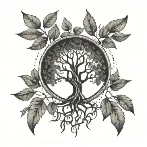 A minimalist tattoo design of a tree of life symbolizing growth and healing, with DNA strands intertwining around it, representing the interconnectedness of life and the journey towards self-improvement. tattoo design idea