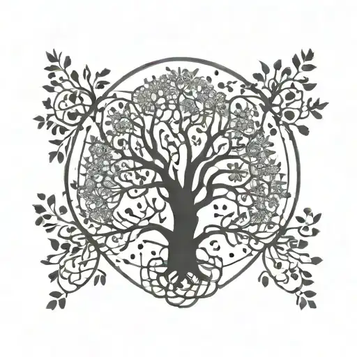 A minimalist tattoo design of a tree of life symbolizing growth and healing, with DNA strands intertwining around it, representing the interconnectedness of life and the journey towards self-improvement. tattoo design idea