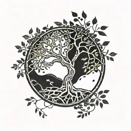 A minimalist tattoo design of a tree of life symbolizing growth and healing, with DNA strands intertwining around it, representing the interconnectedness of life and the journey towards self-improvement. tattoo design idea