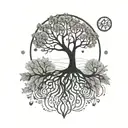 A minimalist tattoo design of a tree of life symbolizing growth and healing, with DNA strands intertwining around it, representing the interconnectedness of life and the journey towards self-improvement. tattoo design idea