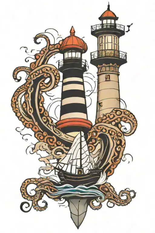 lighthouse and octopus and ship sailing through stormy tattoo design idea