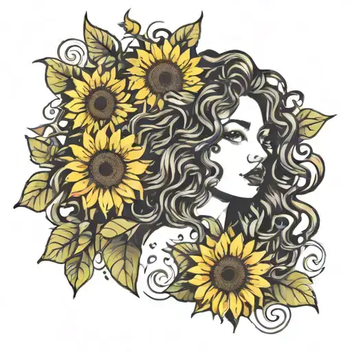Woman with long curly hair and sunflowers tattoo design idea