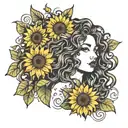 Woman with long curly hair and sunflowers tattoo design idea