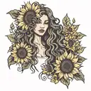 Woman with long curly hair and sunflowers tattoo design idea