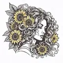 Woman with long curly hair and sunflowers tattoo design idea