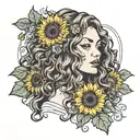Woman with long curly hair and sunflowers tattoo design idea