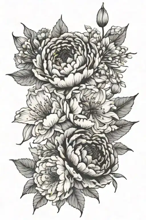  1 peony surrounded by 1 primrose, daisy, lily of the valley, gladiolus, poppy, marigold, cosmos, chrysanthemum tattoo design idea