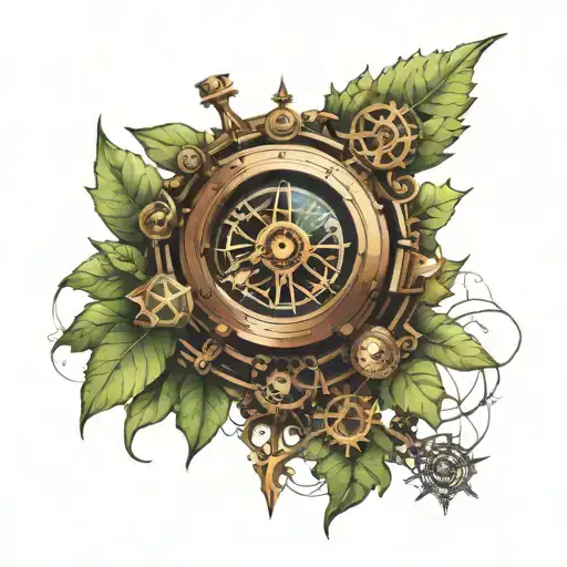 futuristic steampunk compass with forest scene tattoo design idea