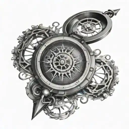 futuristic steampunk compass with forest scene tattoo design idea