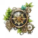 futuristic steampunk compass with forest scene tattoo design idea