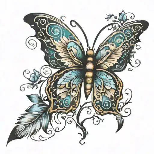 new life - feather - butterfly - tree of life tattoo design idea