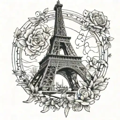 Create a fine line tattoo of the Eiffel Tower connected to Si o se pole tattoo design idea