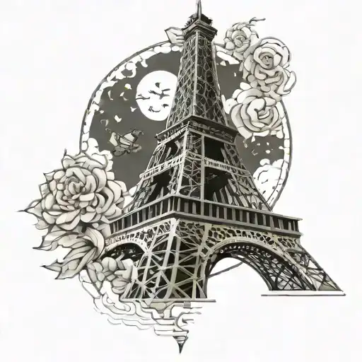Create a fine line tattoo of the outline of the Eiffel Tower connected to Si o se pole tattoo design idea