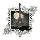 Create a fine line tattoo of the outline of the Eiffel Tower connected to Si o se pole tattoo design idea