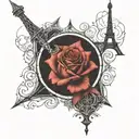 Create a fine line tattoo of the outline of the Eiffel Tower connected to Si o se pole tattoo design idea