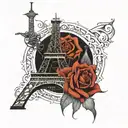 Create a fine line tattoo of the outline of the Eiffel Tower connected to Si o se pole tattoo design idea