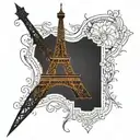 Create a fine line tattoo of the outline of the Eiffel Tower connected to Si o se pole tattoo design idea
