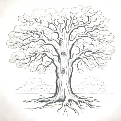 A sketch tattoo of a majestic oak tree with intricate details and Elena, Sergey, Yana, and Inna's initials carved into the bark tattoo design idea