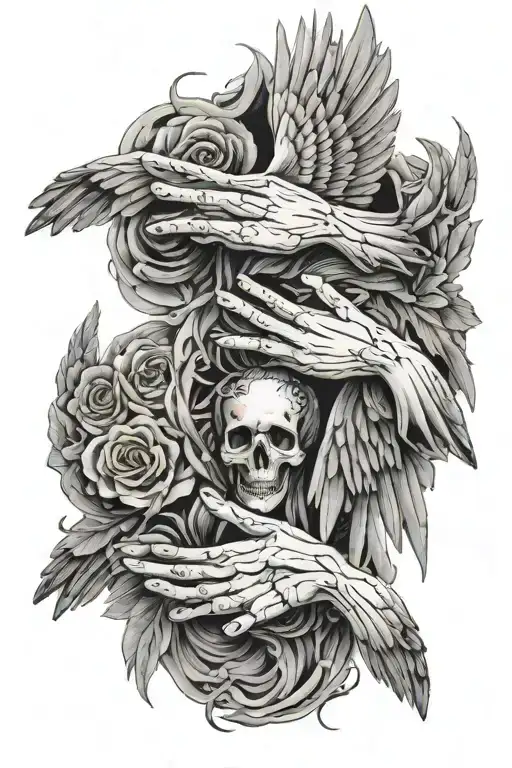 falling angels reaching out to eachother with the words "memento mori" and "memento vivere" between the hands tattoo design idea
