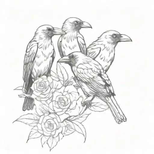 three tiny crows, separated, looking playful and goofy, one is holding a flower in its mouth tattoo design idea