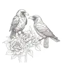 three tiny crows, separated, looking playful and goofy, one is holding a flower in its mouth tattoo design idea