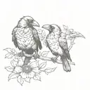 three tiny crows, separated, looking playful and goofy, one is holding a flower in its mouth tattoo design idea