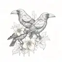 three tiny crows, separated, looking playful and goofy, one is holding a flower in its mouth tattoo design idea