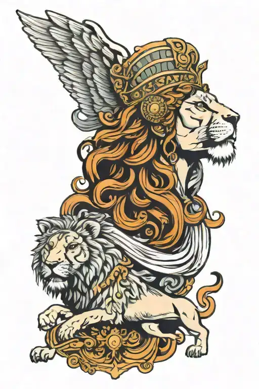 goddess Athena with lion roaring tattoo design idea