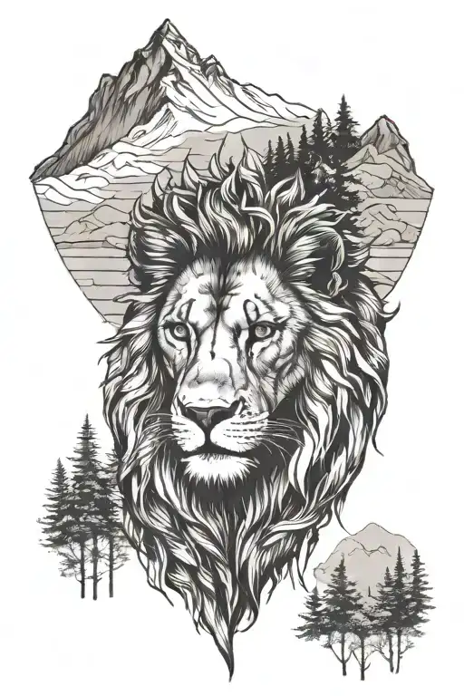 a young lion with a feather headdress and a mountain and a forest in the background tattoo design idea