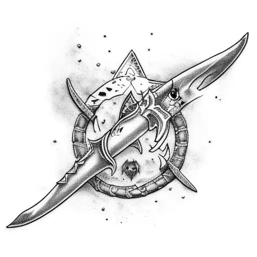 give me a tattoo for a arm sleeve below elbow with shark jaw on elbow with a trident sword wing going up forearm and rom tattoo design idea
