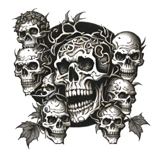 A skull surrounded by goblins and trolls in a dark forest setting tattoo design idea