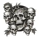 A skull surrounded by goblins and trolls in a dark forest setting tattoo design idea