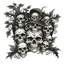 A skull surrounded by goblins and trolls in a dark forest setting tattoo design idea