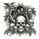 A skull surrounded by goblins and trolls in a dark forest setting tattoo design idea