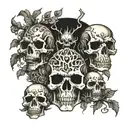 A skull surrounded by goblins and trolls in a dark forest setting tattoo design idea