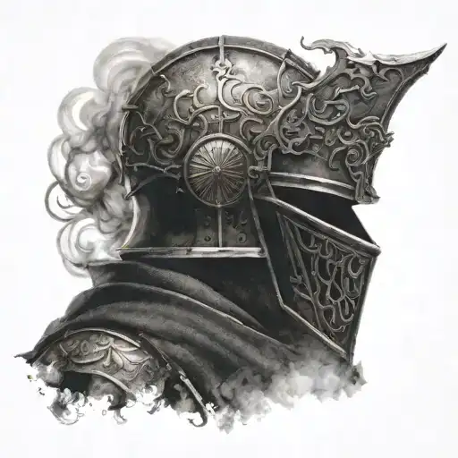 faraam knight dark souls 2, focus on the helmet Smoke behind, fog tattoo design idea