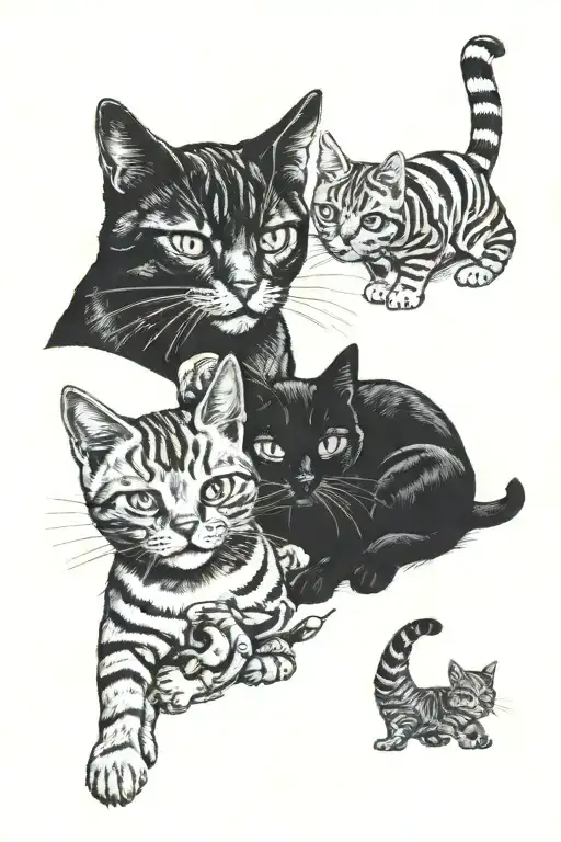 Two cats, one black cat and one tabby cat playing tattoo design idea