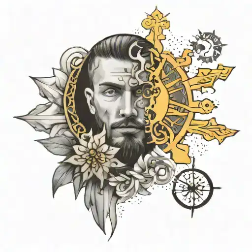 Man realistic tatoo with half sun and half snowflake  tattoo design idea