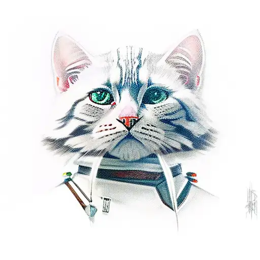 Grogu from the mandalorian combined with a white tabby cat tattoo design idea