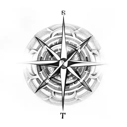 A mesmerizing black and grey tattoo of a compass surrounded by sacred geometry, symbolizing spiritual exploration tattoo design idea