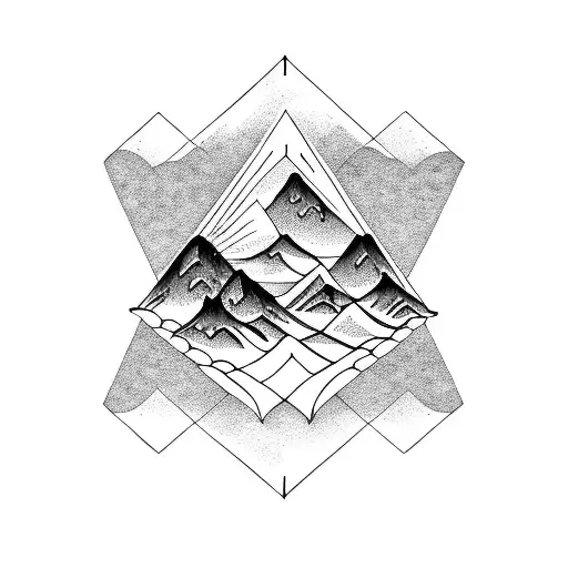 A dotwork tattoo of a serene mountain landscape with a hidden third eye, representing spiritual awakening during travels tattoo design idea