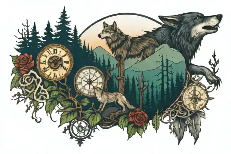 A forest with rivers, mountains and trees and a wolf, a clock, a rose and a cross with Jesus Christ tattoo design idea