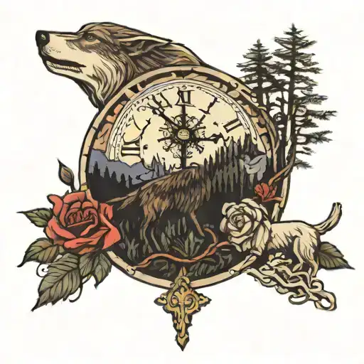 A forest with rivers, mountains and trees and a wolf, a clock, a rose and a cross with Jesus Christ tattoo design idea
