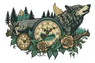 A forest with rivers, mountains and trees and a wolf, a clock, a rose and a cross with Jesus Christ tattoo design idea