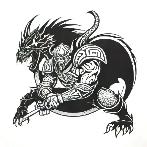 A fierce Viking warrior battling a dragon in a Spartan arena tattoo design idea