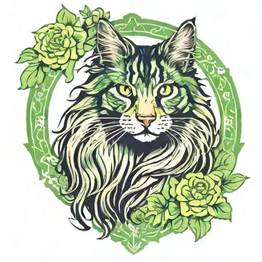 long haired Maine coon  with green eyes surrounded by floral frame  tattoo design idea
